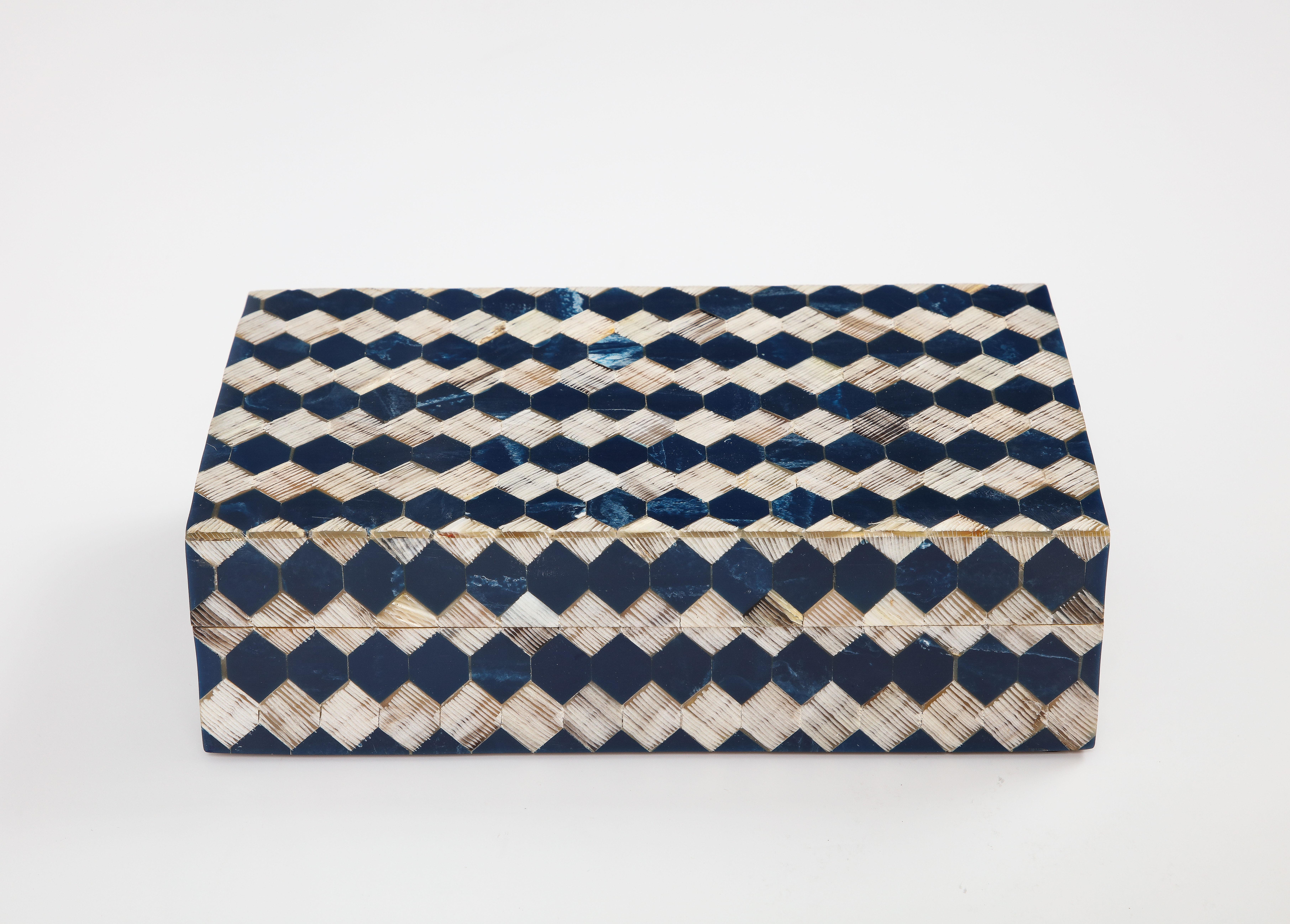 Modern Ink Blue/Natural Horn Checkerboard Box For Sale
