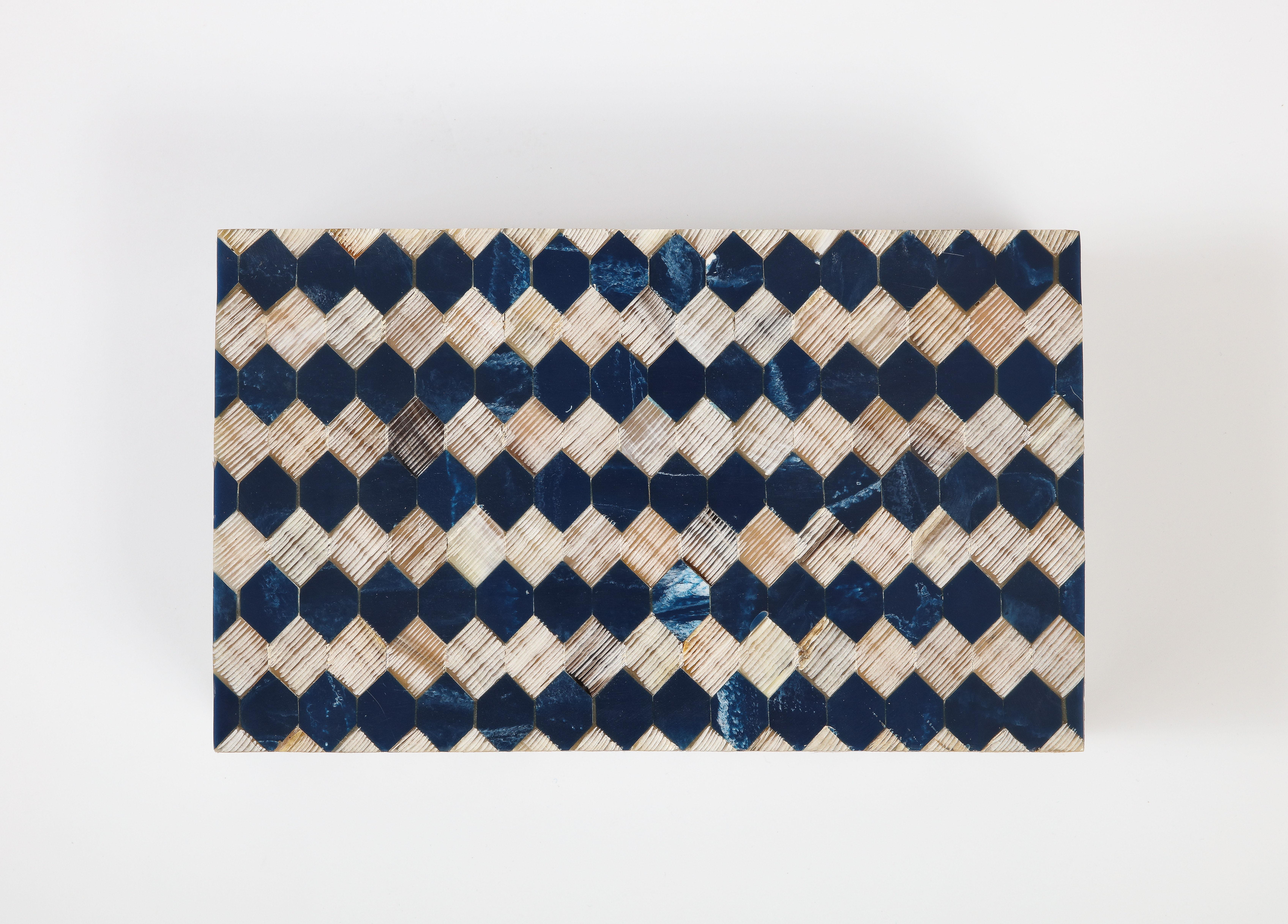 Contemporary Ink Blue/Natural Horn Checkerboard Box For Sale