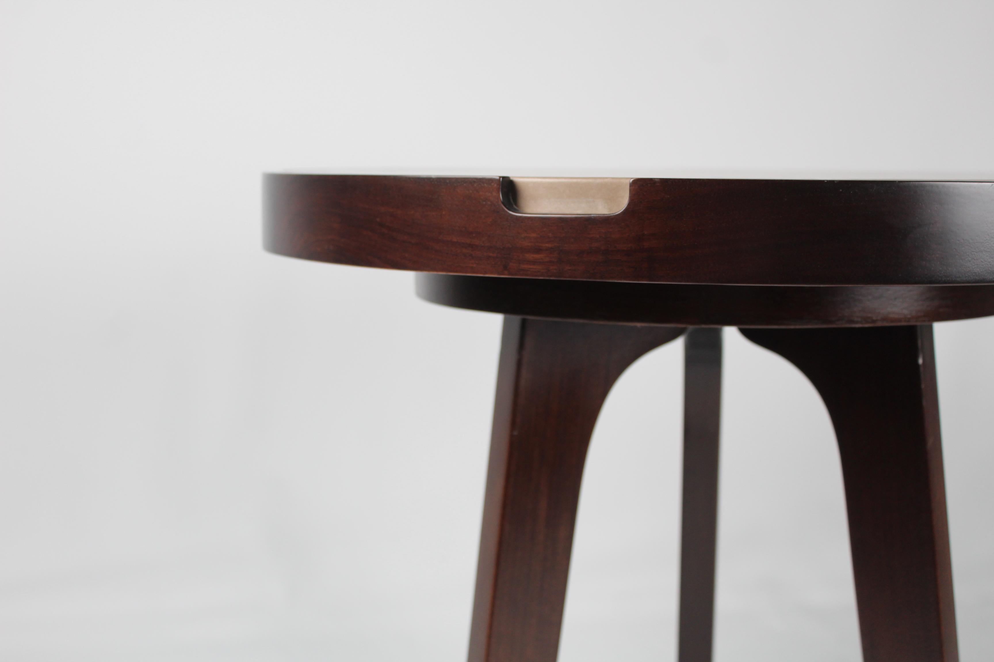 Hand-Carved Ink Brown Cocktail Table in Mahogany and Leather Top For Sale