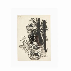 Disegno a inchiostro di Storm P. (Robert Storm Petersen), firmato e incorniciato