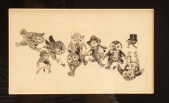 Dibujo en tinta sobre papel que representa búhos, Austria 1920