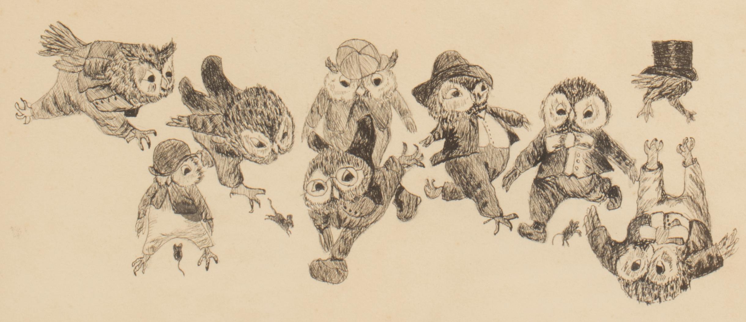 Hand-Painted Ink Drawing on Paper Depicting Owls, Austria 1920 For Sale