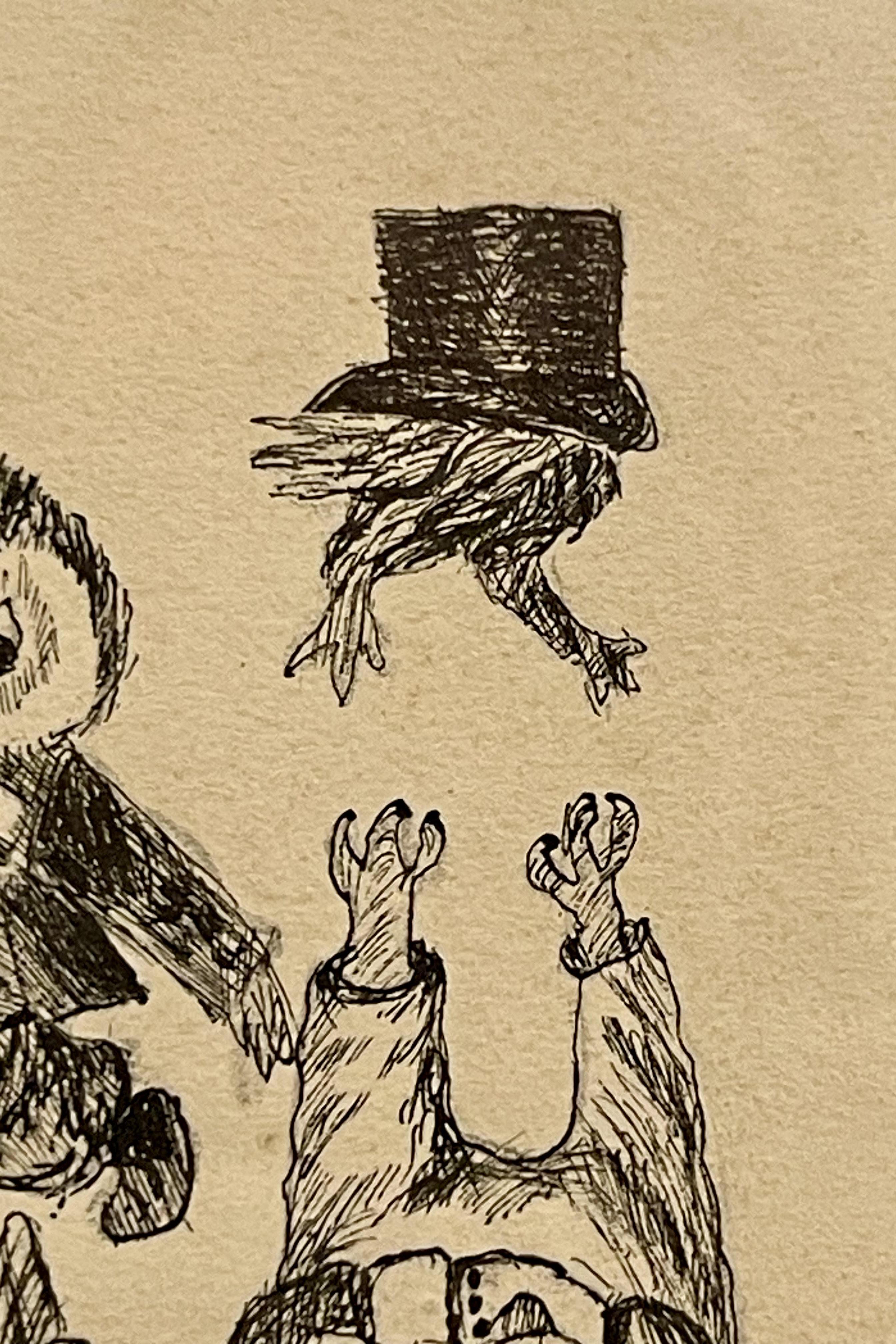 dessin à l'encre sur papier représentant des hiboux, un cadre en bois de cerisier et d'ébène, Autriche 1920 en vente 4