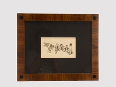 Ink drawing on paper depicting owls, cherry and ebony wooden frame, Austria 1920