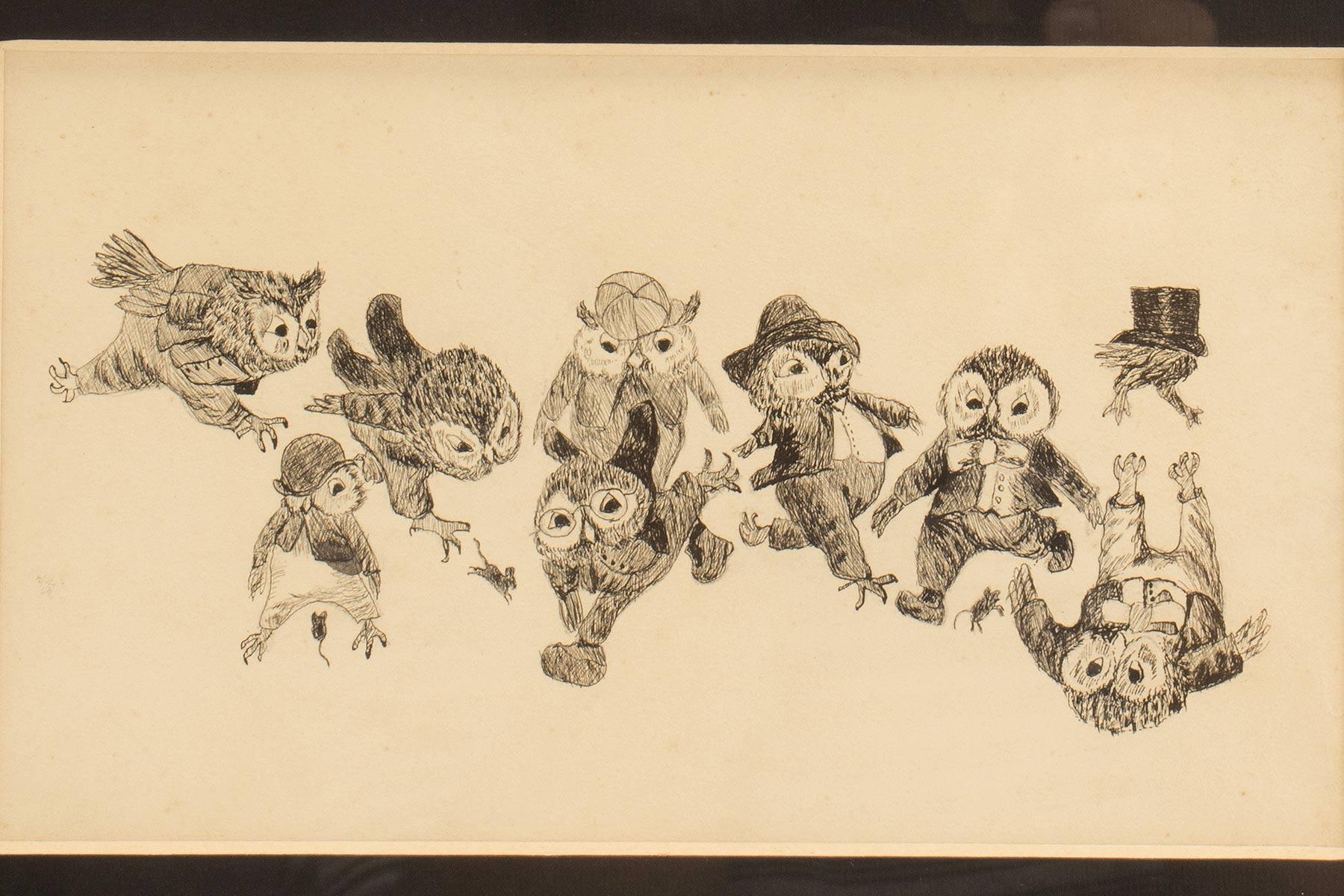 Autrichien dessin à l'encre sur papier représentant des hiboux, un cadre en bois de cerisier et d'ébène, Autriche 1920 en vente