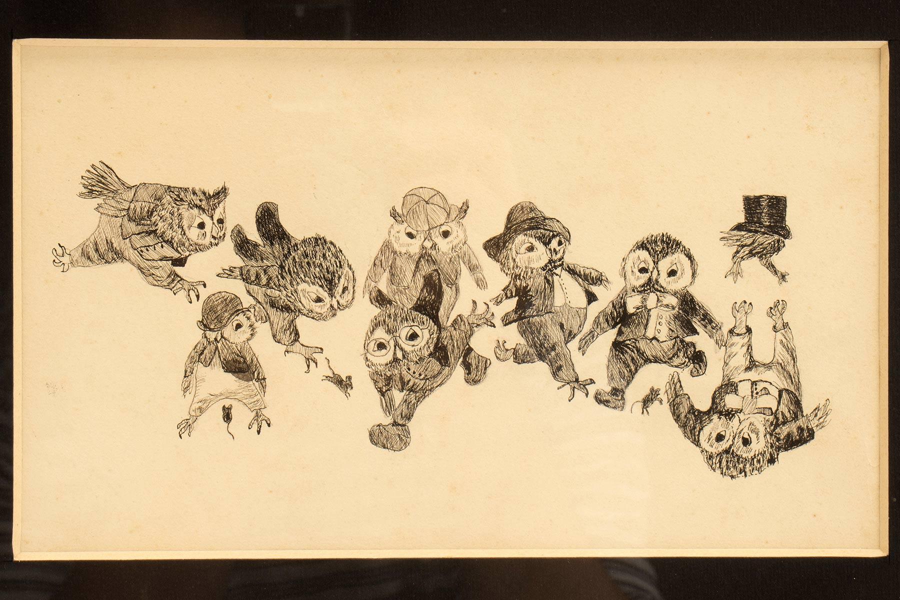dessin à l'encre sur papier représentant des hiboux, un cadre en bois de cerisier et d'ébène, Autriche 1920 Bon état - En vente à Milan, IT