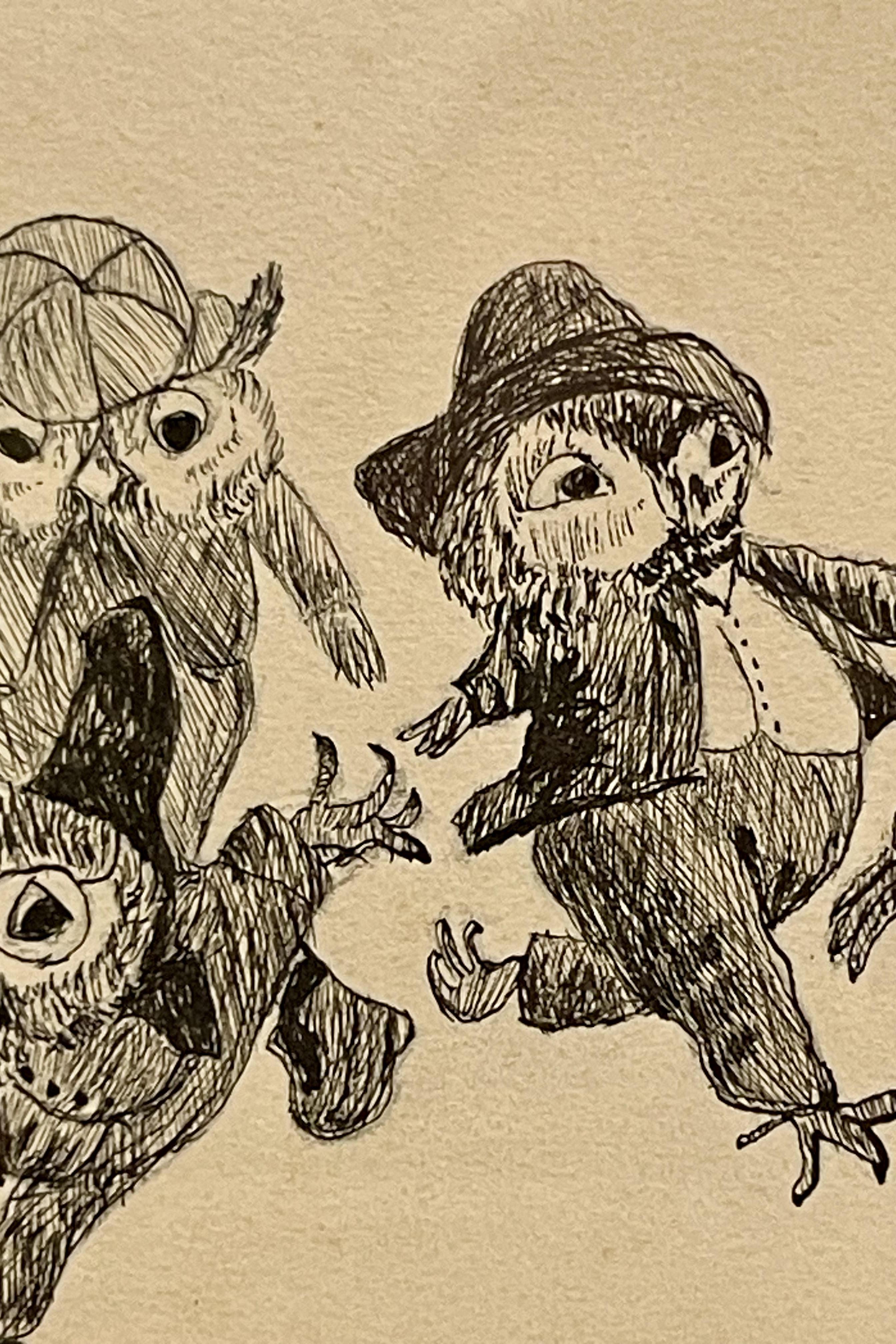 dessin à l'encre sur papier représentant des hiboux, un cadre en bois de cerisier et d'ébène, Autriche 1920 en vente 1