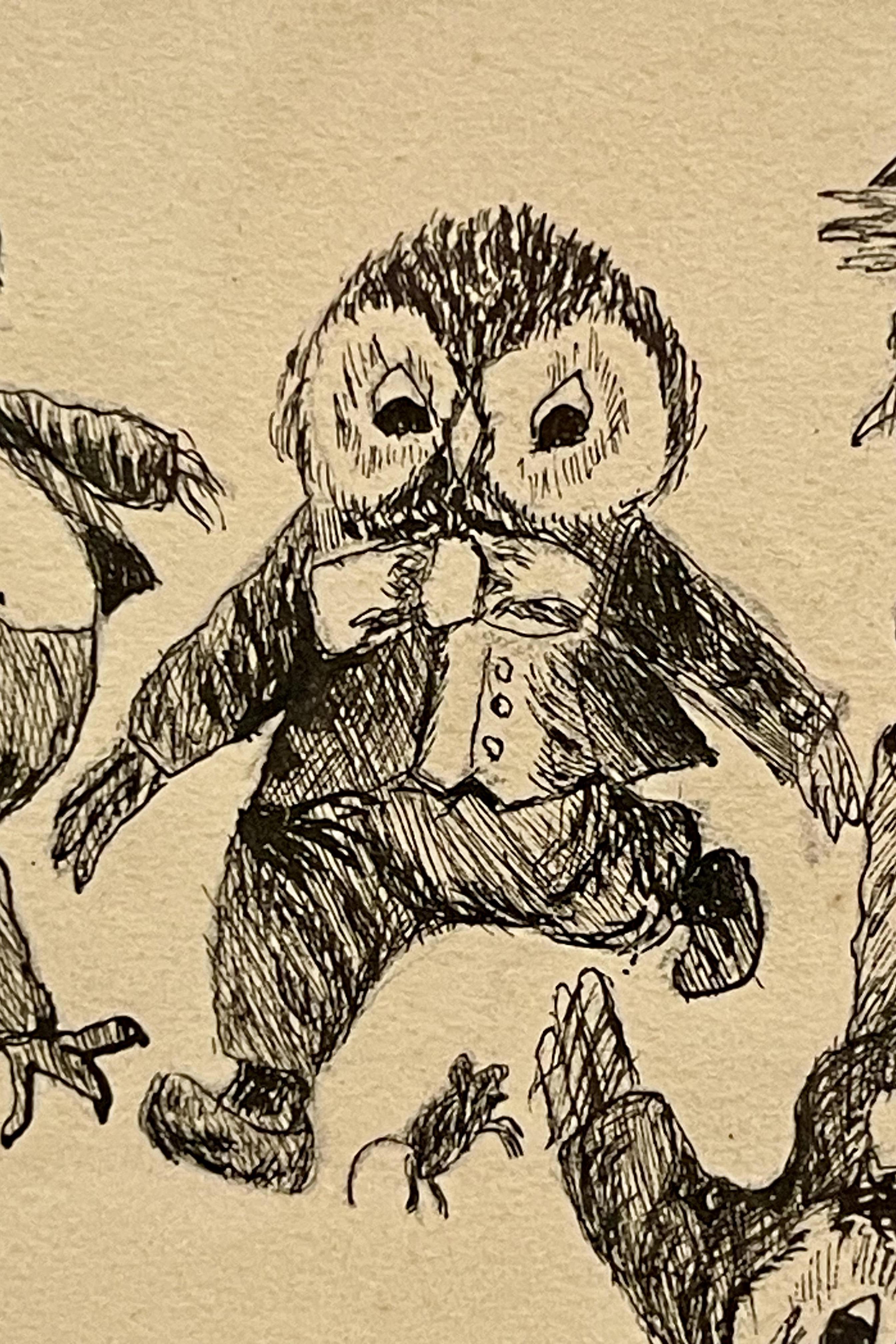 dessin à l'encre sur papier représentant des hiboux, un cadre en bois de cerisier et d'ébène, Autriche 1920 en vente 2