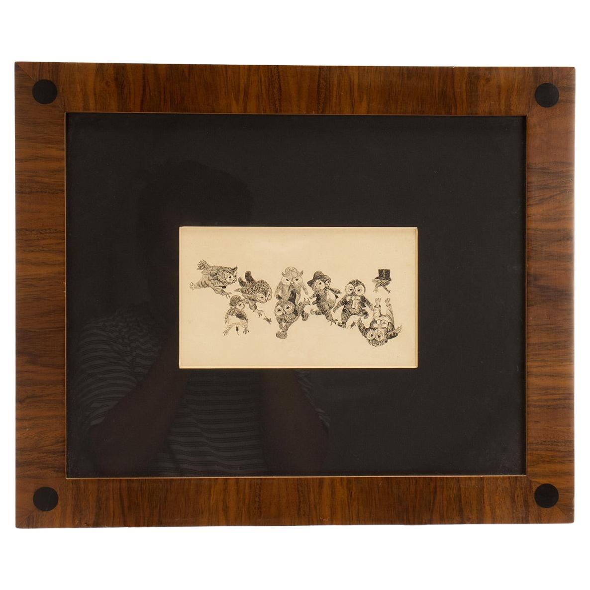 Ink drawing on paper depicting owls, cherry and ebony wooden frame, Austria 1920
