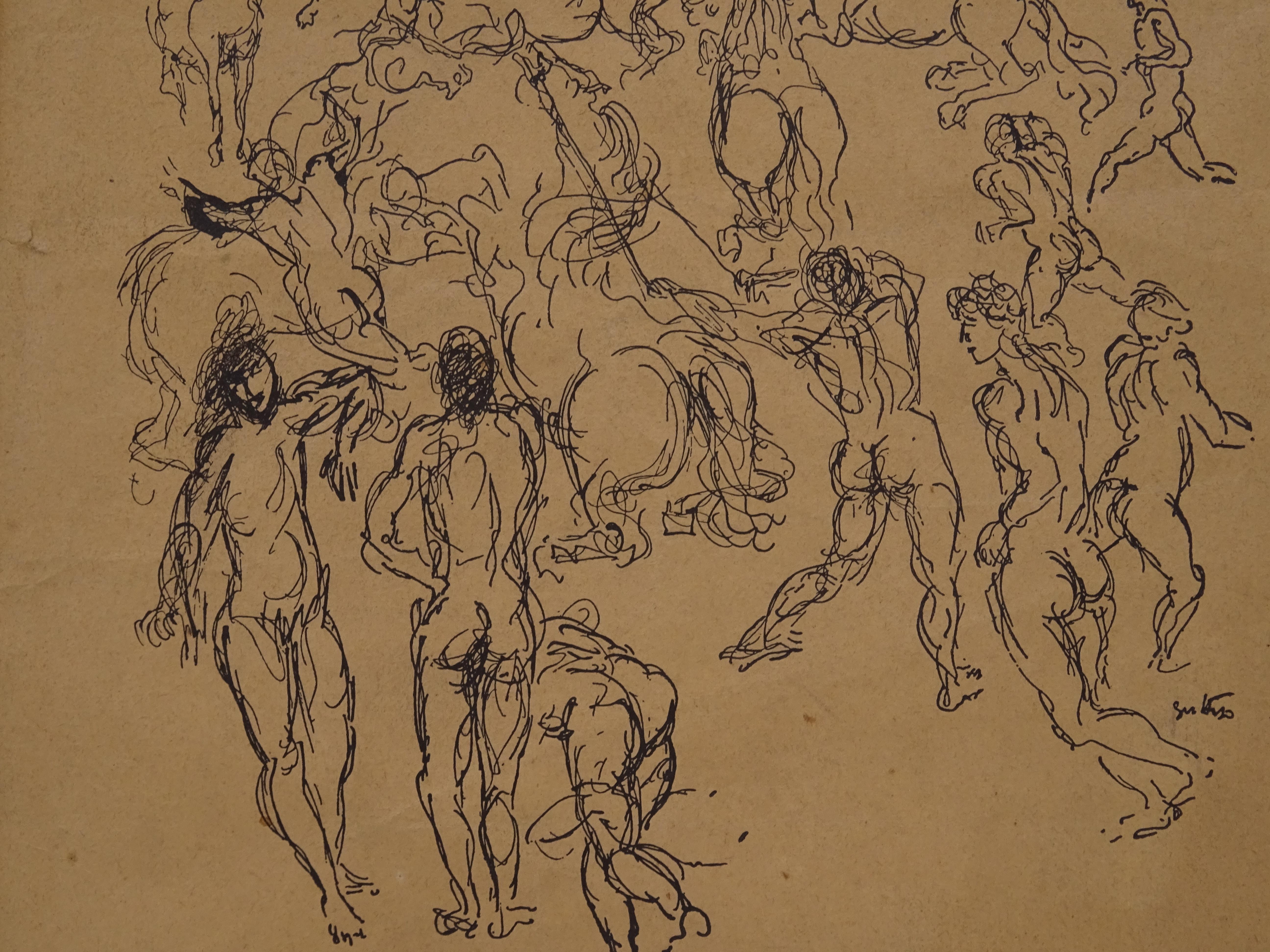 The work in question is an ink drawing on paper, 25 cm long and 35 cm high with a passe-partout card, depicting a chaotic array of nude body figures and horses. The work is in good condition, can be dated to around 1930 and is signed Guttuso in the