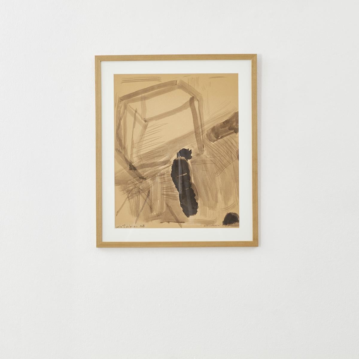 A framed ink drawing by unknown artist, signed “Stöteestenen 1963”. An abstracted figure sits in the foreground surrounded by marks and shapes setting the scene.