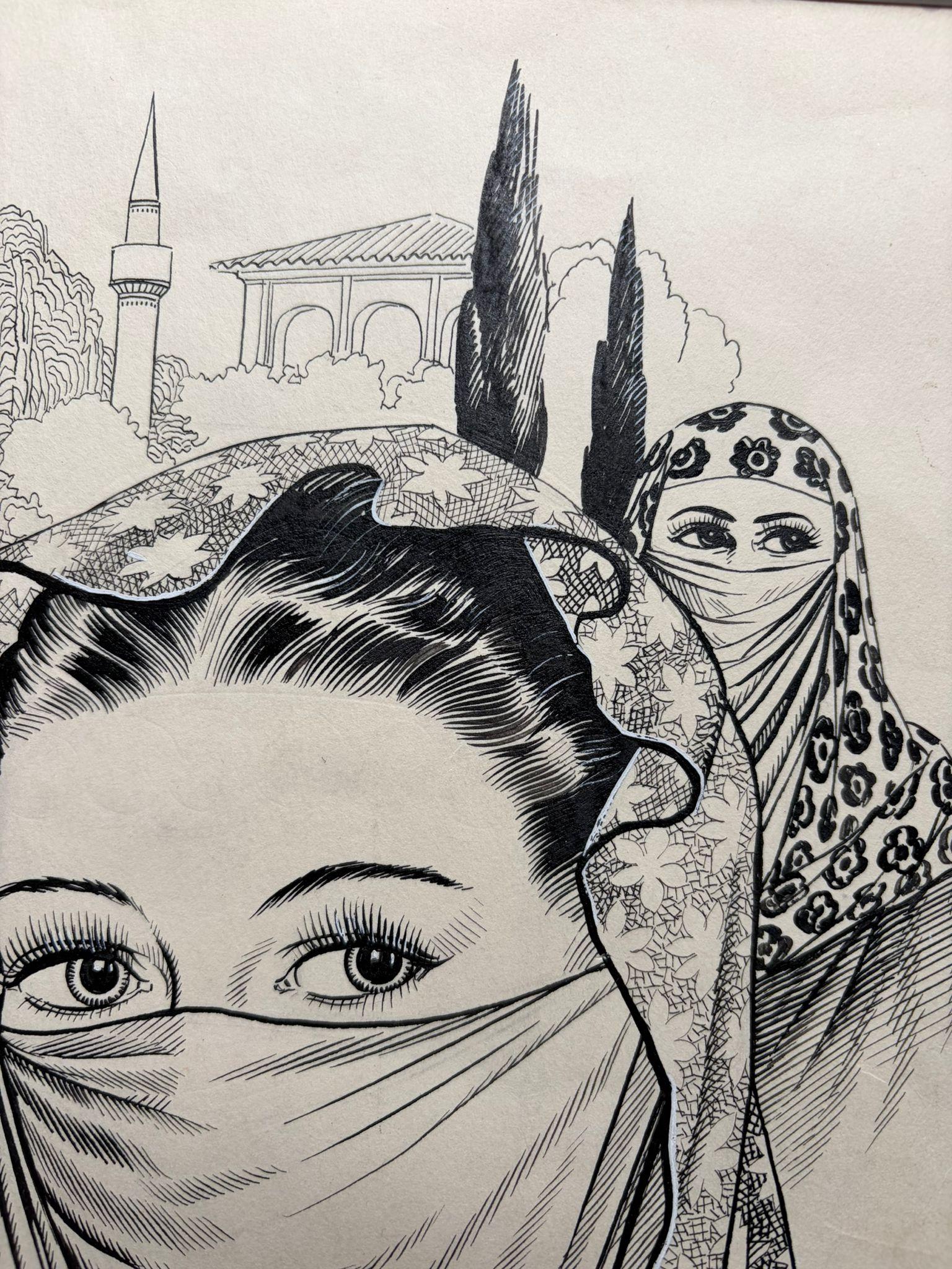 Tuschezeichnungen von verschleierten Frauen von Charles Burki, 1948 - Orientalische Illustrationen im Angebot 4