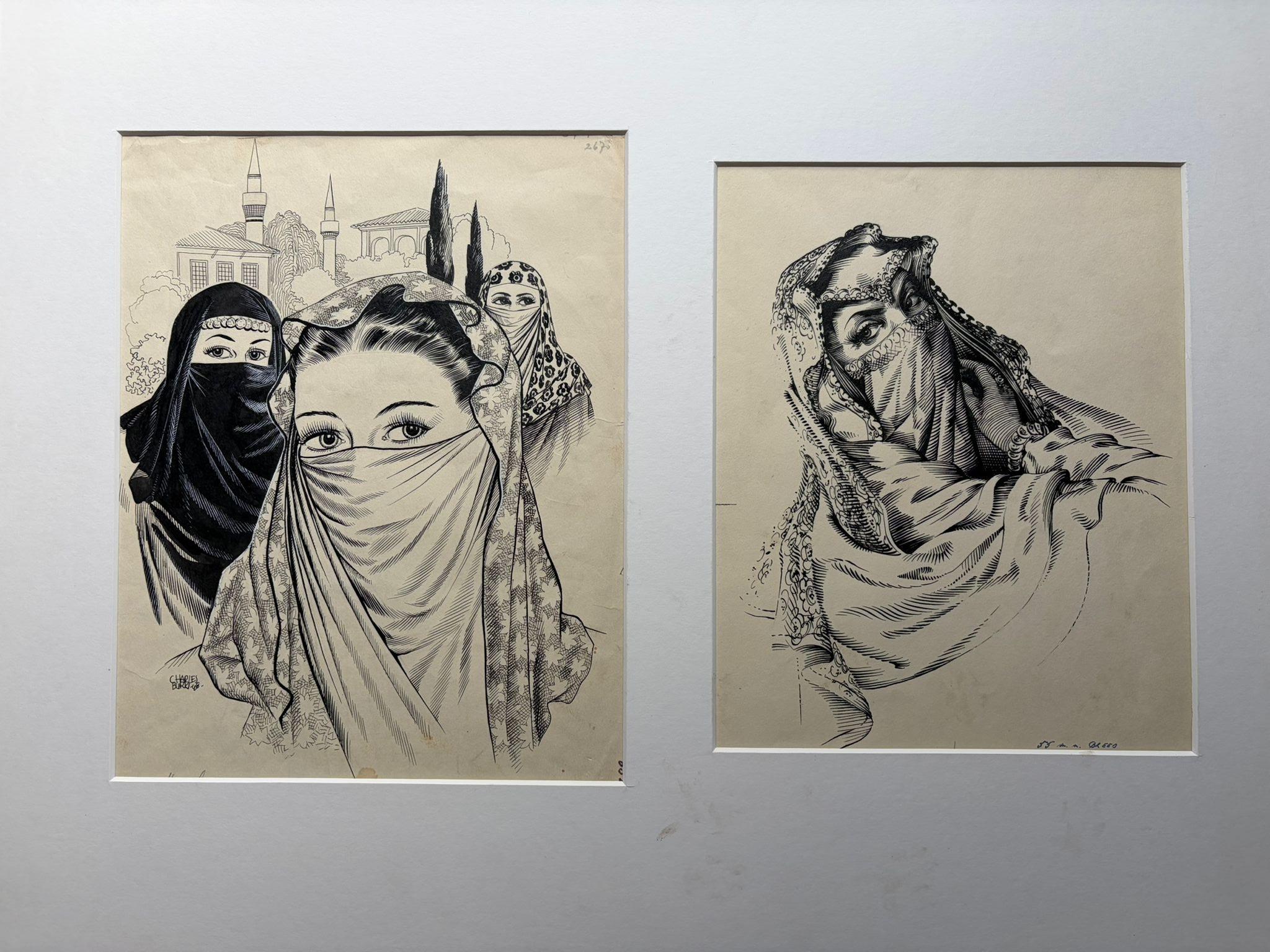 Original-Tuschezeichnungen verschleierter Frauen von Charles Burki, 1948 - Orientalische Illustrationen

Zwei originale Federzeichnungen des niederländischen Künstlers Charles Burki (1909-1994), beide signiert und datiert 1948. Diese fein