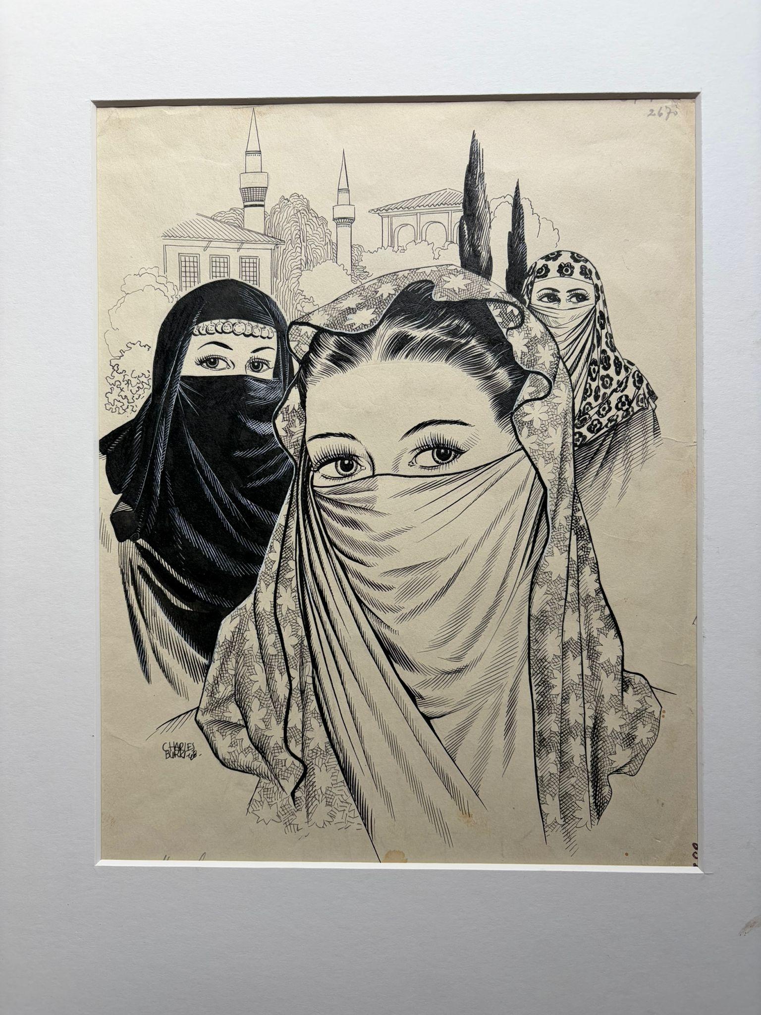 Tuschezeichnungen von verschleierten Frauen von Charles Burki, 1948 - Orientalische Illustrationen (Niederländisch) im Angebot