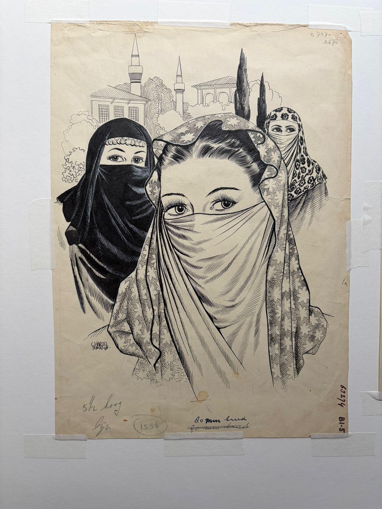 Tuschezeichnungen von verschleierten Frauen von Charles Burki, 1948 - Orientalische Illustrationen im Zustand „Gut“ im Angebot in Langweer, NL