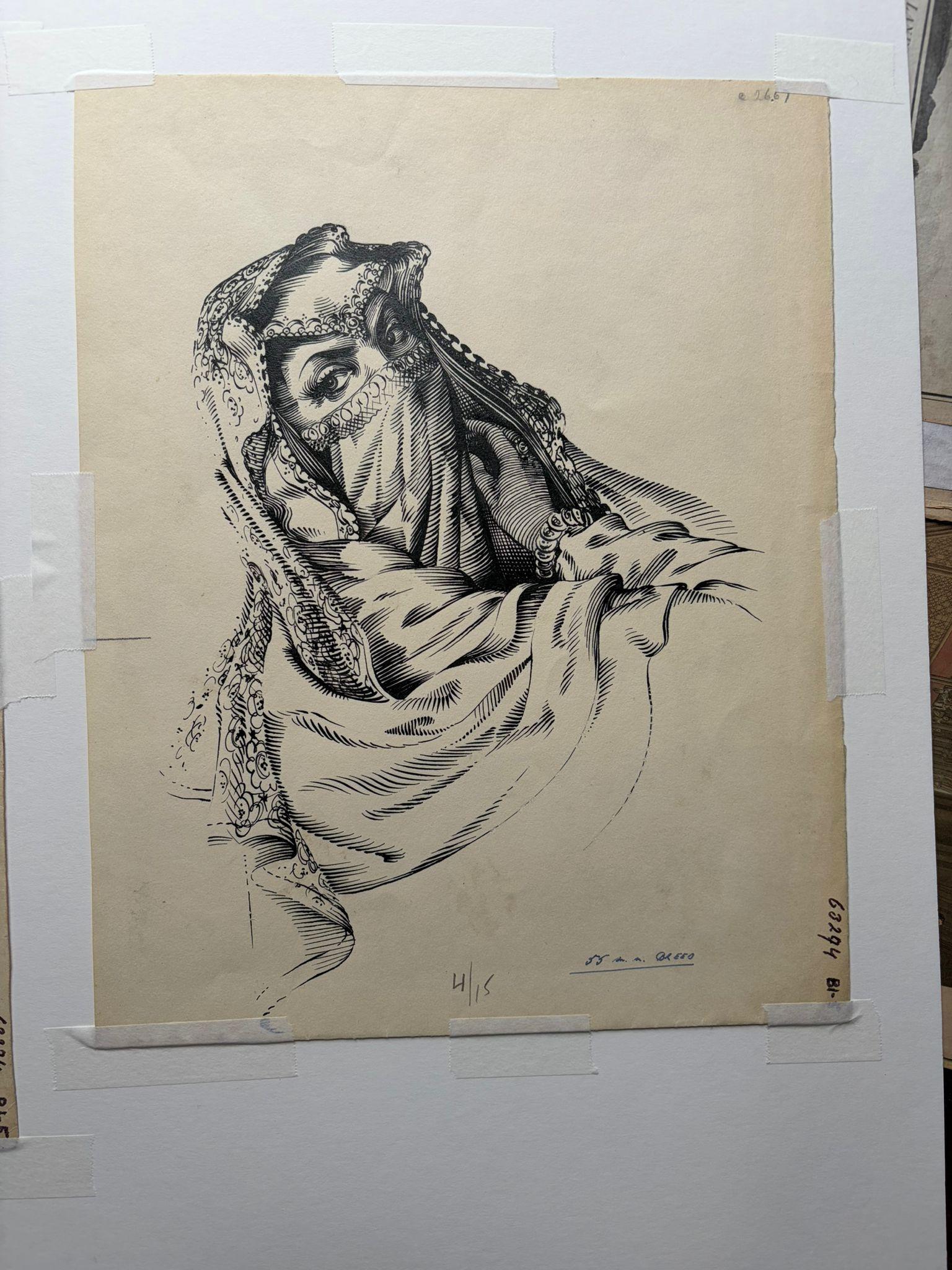 Tuschezeichnungen von verschleierten Frauen von Charles Burki, 1948 - Orientalische Illustrationen (Mitte des 20. Jahrhunderts) im Angebot