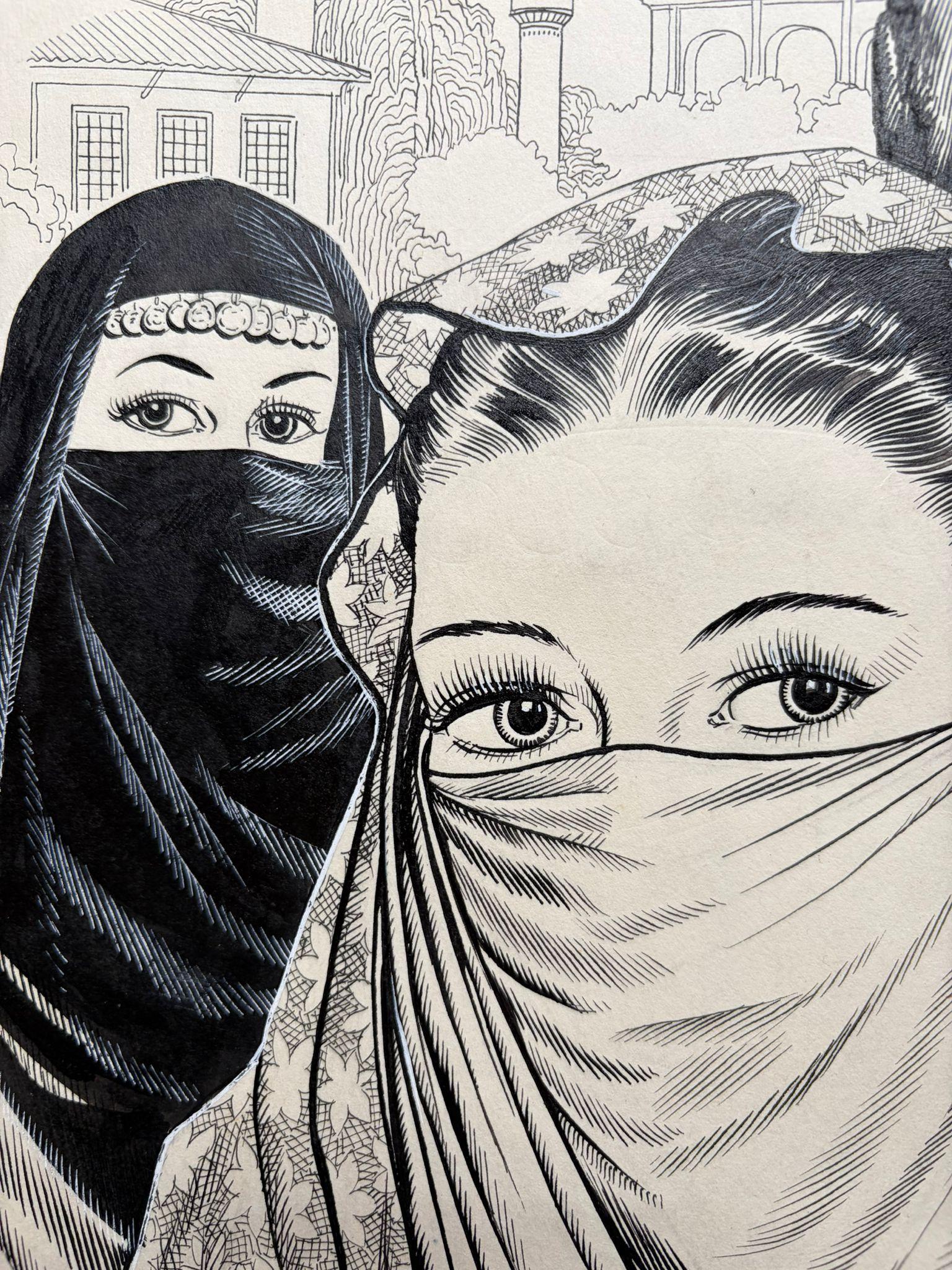 Tuschezeichnungen von verschleierten Frauen von Charles Burki, 1948 - Orientalische Illustrationen im Angebot 2