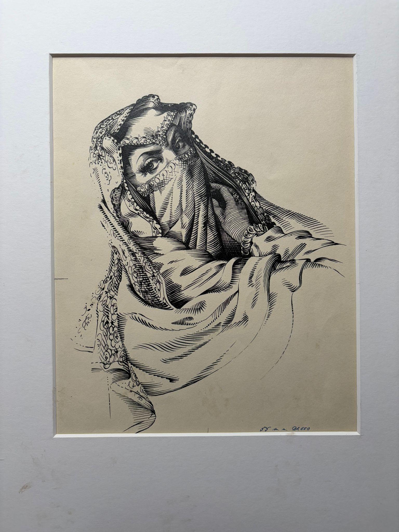 Tuschezeichnungen von verschleierten Frauen von Charles Burki, 1948 - Orientalische Illustrationen im Angebot 3
