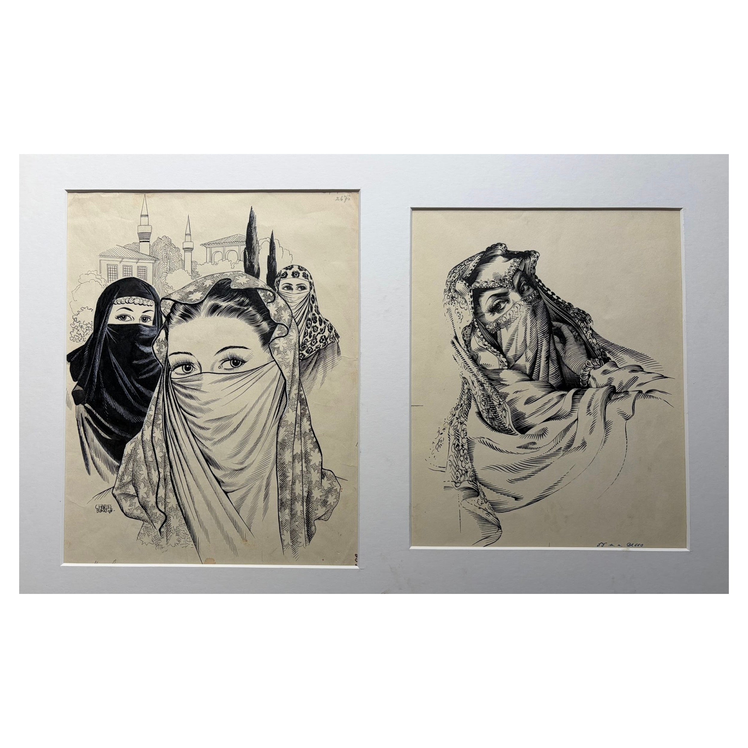 Tuschezeichnungen von verschleierten Frauen von Charles Burki, 1948 - Orientalische Illustrationen im Angebot