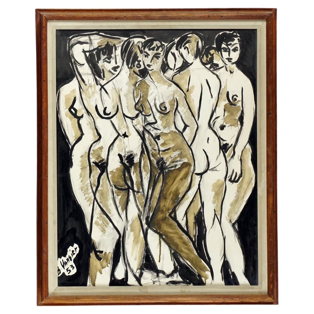 Ink on Paper of Nudes "Réflexion Dans Un Mirror" by Boris Vansier