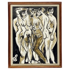 Vintage Ink on Paper of Nudes "Réflexion Dans Un Mirror" by Boris Vansier