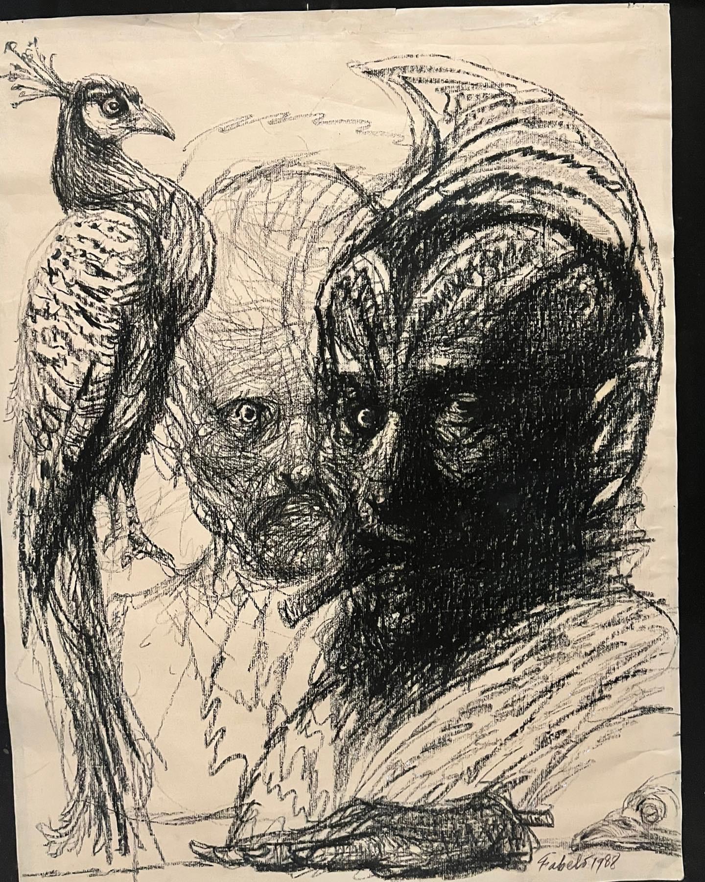 Ink on paper paint by Roberto Fabelo in 1988. The Cuban artist’s self-portrait is behind a darker merman creature and a bird. It is signed and dated by the artist. Roberto Fabelo is one of the most recognized Cuban painter, sculptor, and