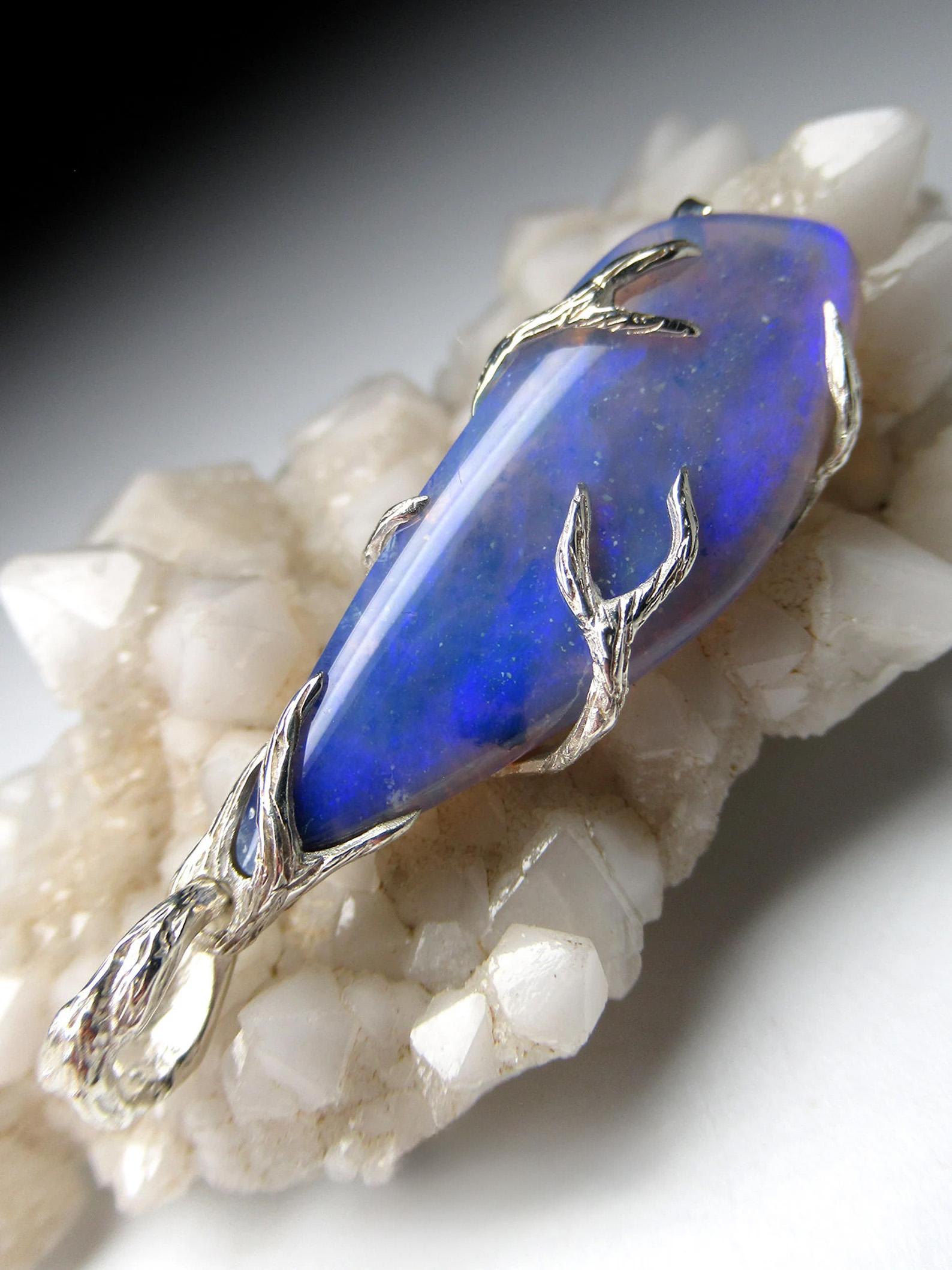 Artisan Ink Opal Silver Pendant Blue Genuine Opal Fine Unisex Jewelry  For Sale