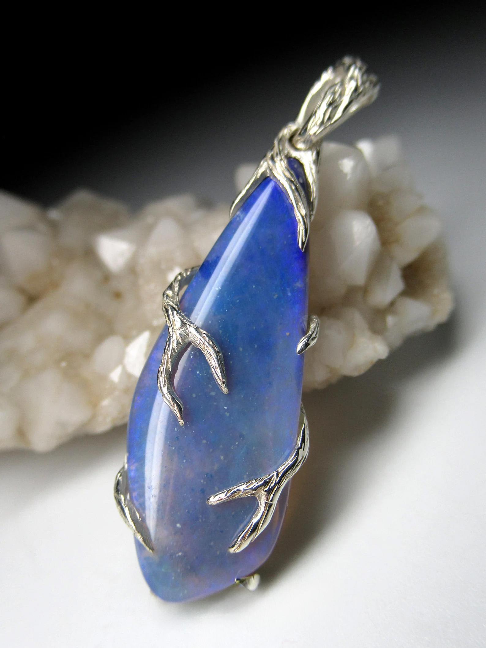 Pear Cut Ink Opal Silver Pendant Blue Genuine Opal Fine Unisex Jewelry  For Sale