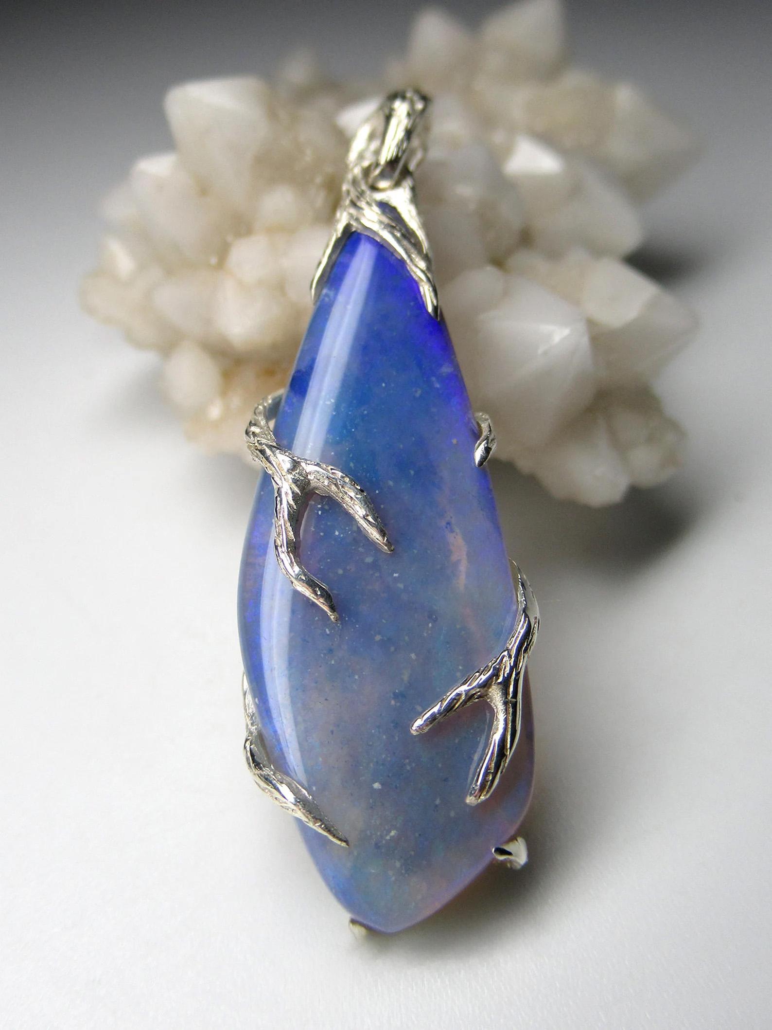 Ink Opal Silver Pendant Blue Genuine Opal Fine Unisex Jewelry  For Sale 1