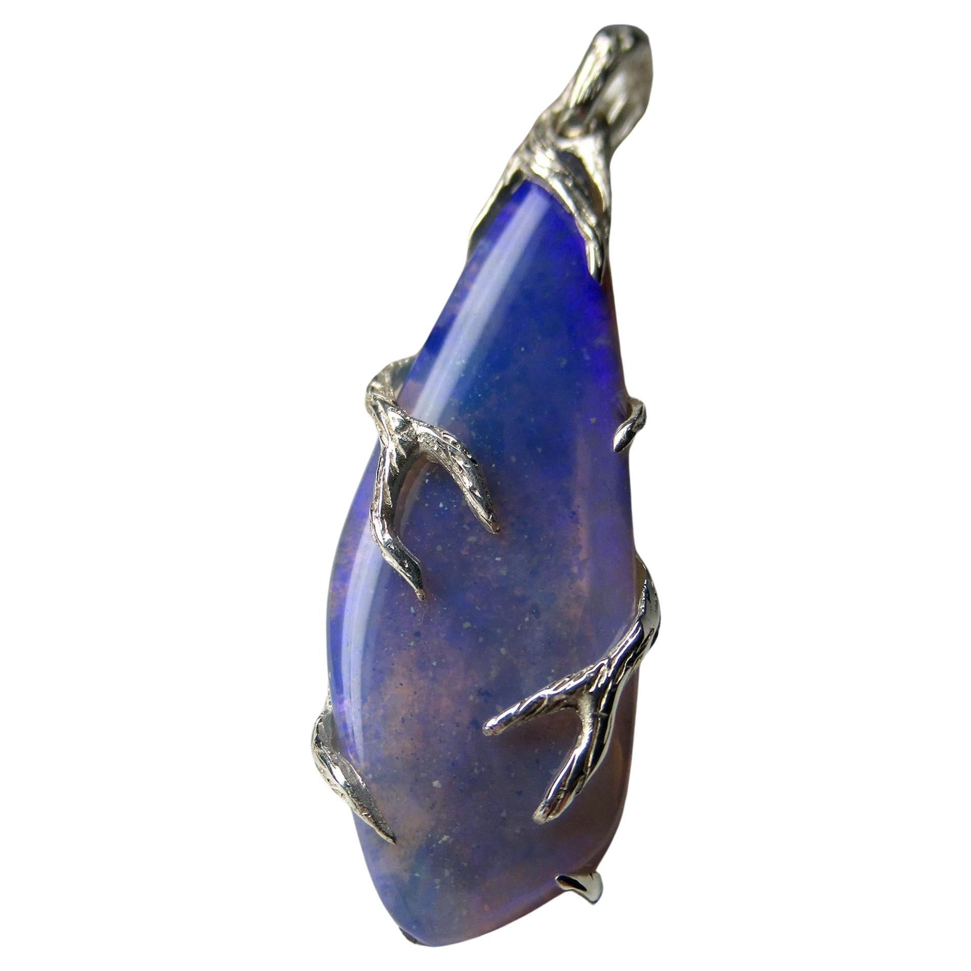 Ink Opal Silver Pendant Blue Genuine Opal Fine Unisex Jewelry  For Sale
