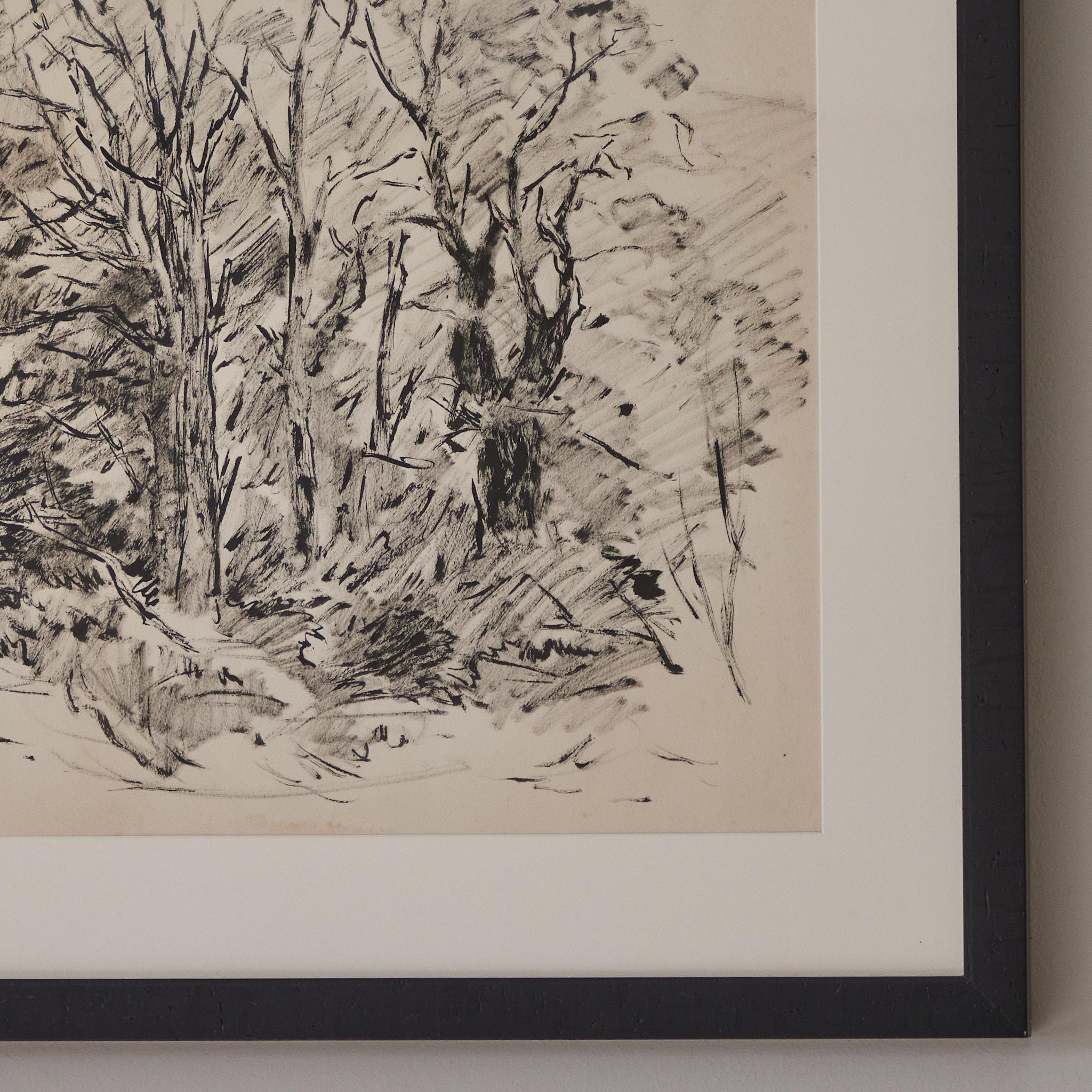 French post-Impressionist black ink landscape drawing on white matte paper. Mounted in a custom slim ebonized frame, the scene depicts a wintery cluster of trees. The quality of line is brushy and gestural; it is as if the trees were almost