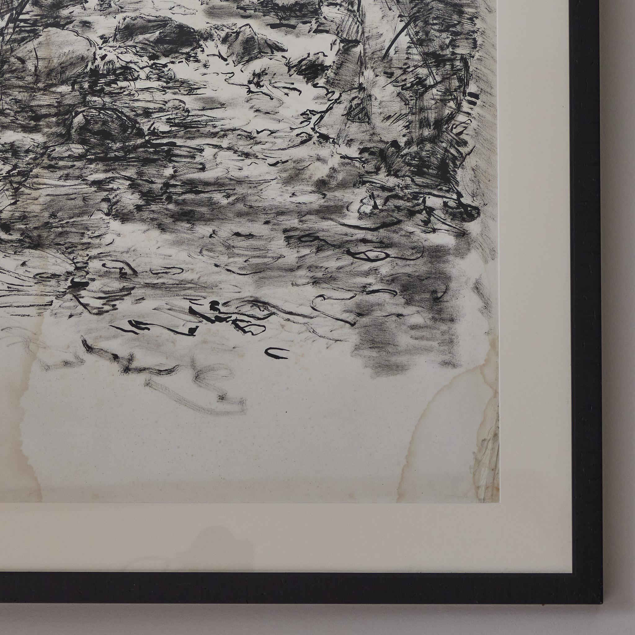Dessin de paysage post-impressionniste français à l'encre noire sur papier, monté dans un cadre simple en bois noir personnalisé. L'image vibre presque avec  le mouvement et la sérénité. 
