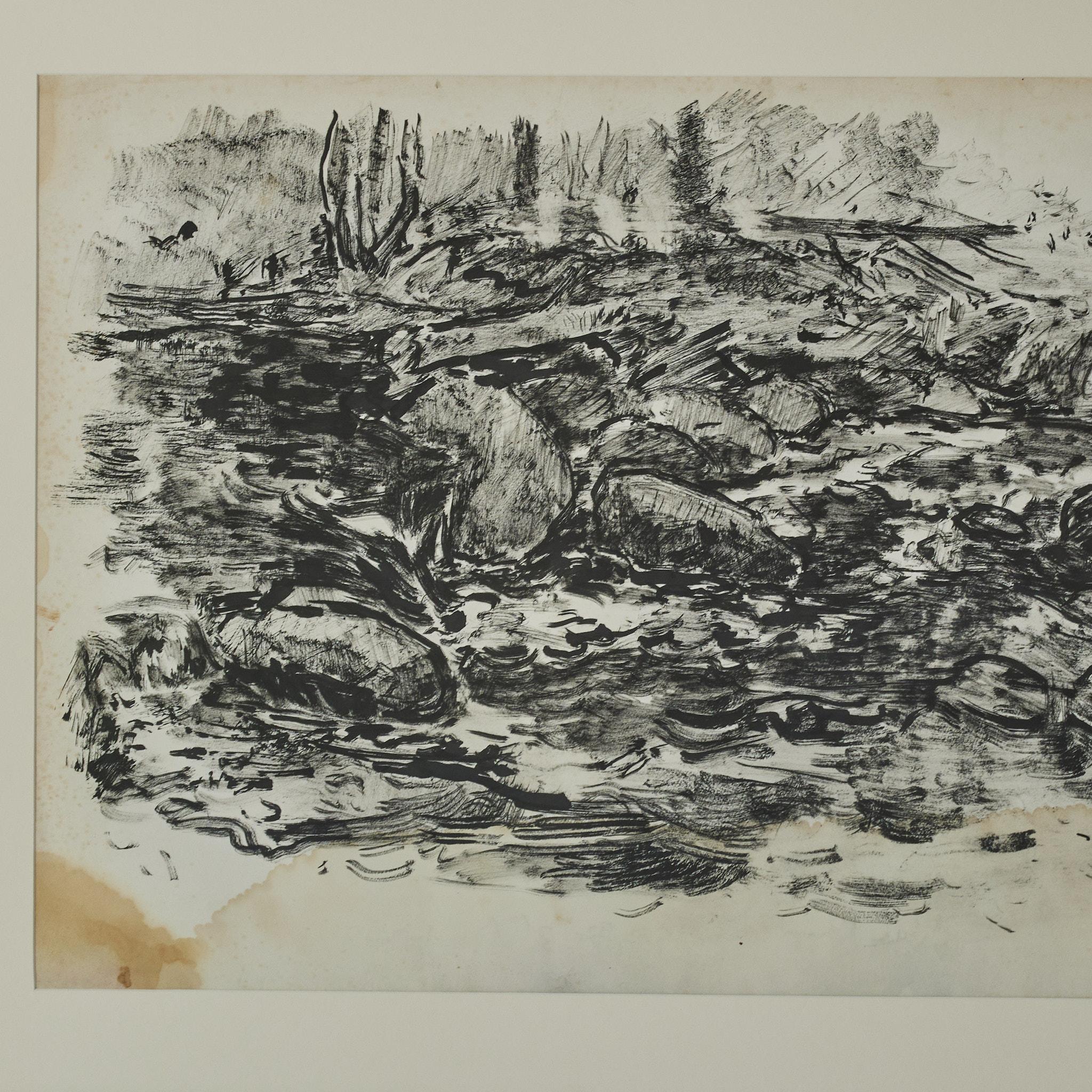 French early 20th-century landscape drawing featuring black ink on paper, mounted in a contemporary black wood frame. Reminiscent of an Impressionist sketchbook, the piece is charged with a dreamlike, Rorschach-y, pastoral spirit. 
