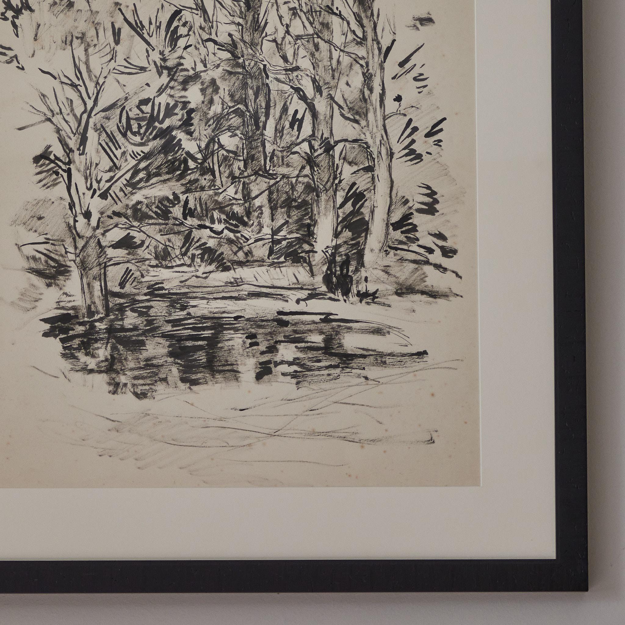 French post-Impressionist style black ink drawing on paper of a winter wood scene. The landscape has been mounted in a contemporary black wood frame. Brushy and gestural, the artist seems to relish in the interlocking patterns of nature. 