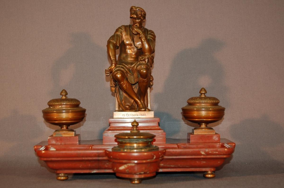 Inkwell, After Michelangelo Laurent De Medici, In Bronze And Red Marble For Sale 3
