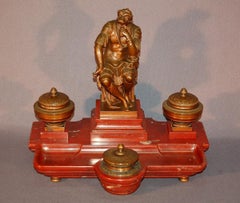 Inkwell, After Michelangelo Laurent De Medici, In Bronze And Red Marble