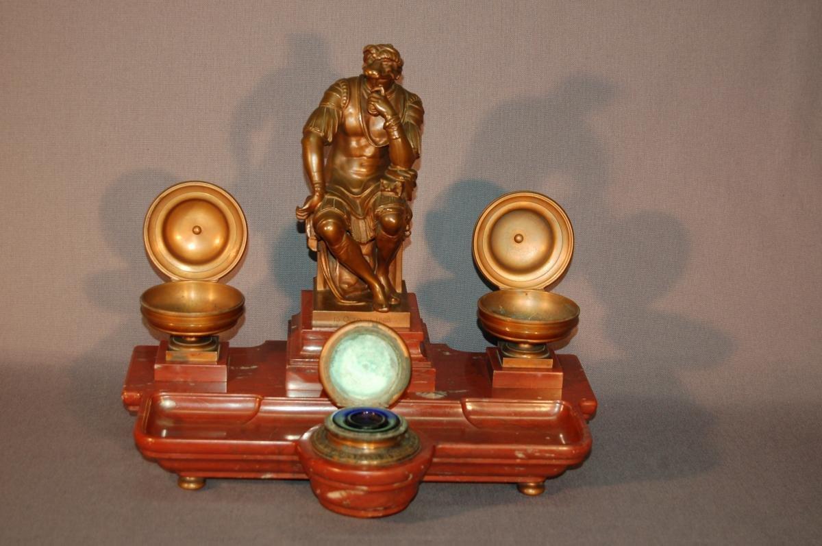 Renaissance Inkwell, After Michelangelo Laurent De Medici, In Bronze And Red Marble For Sale