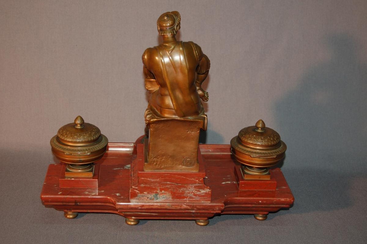 Patinated Inkwell, After Michelangelo Laurent De Medici, In Bronze And Red Marble For Sale