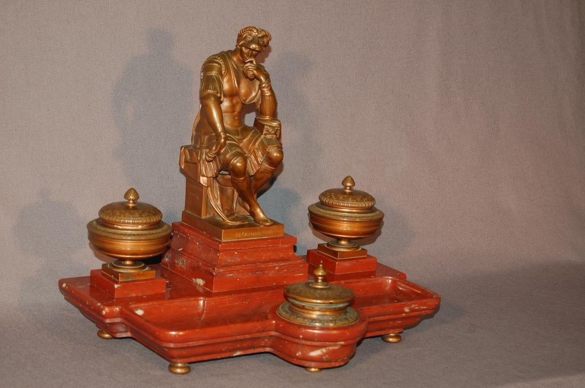 Inkwell, After Michelangelo Laurent De Medici, In Bronze And Red Marble In Excellent Condition For Sale In CHALON-SUR-SAÔNE, FR