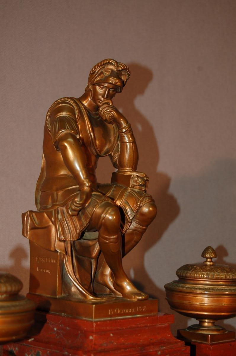 Inkwell, After Michelangelo Laurent De Medici, In Bronze And Red Marble For Sale 1