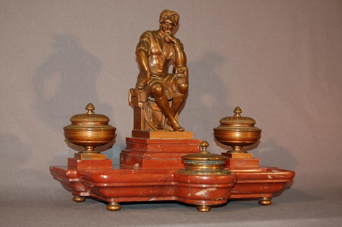 Inkwell, After Michelangelo Laurent De Medici, In Bronze And Red Marble For Sale 2