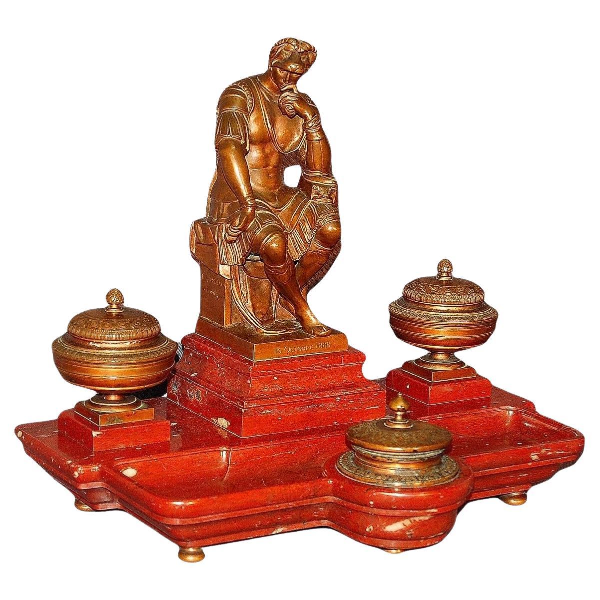 Inkwell, After Michelangelo Laurent De Medici, In Bronze And Red Marble For Sale