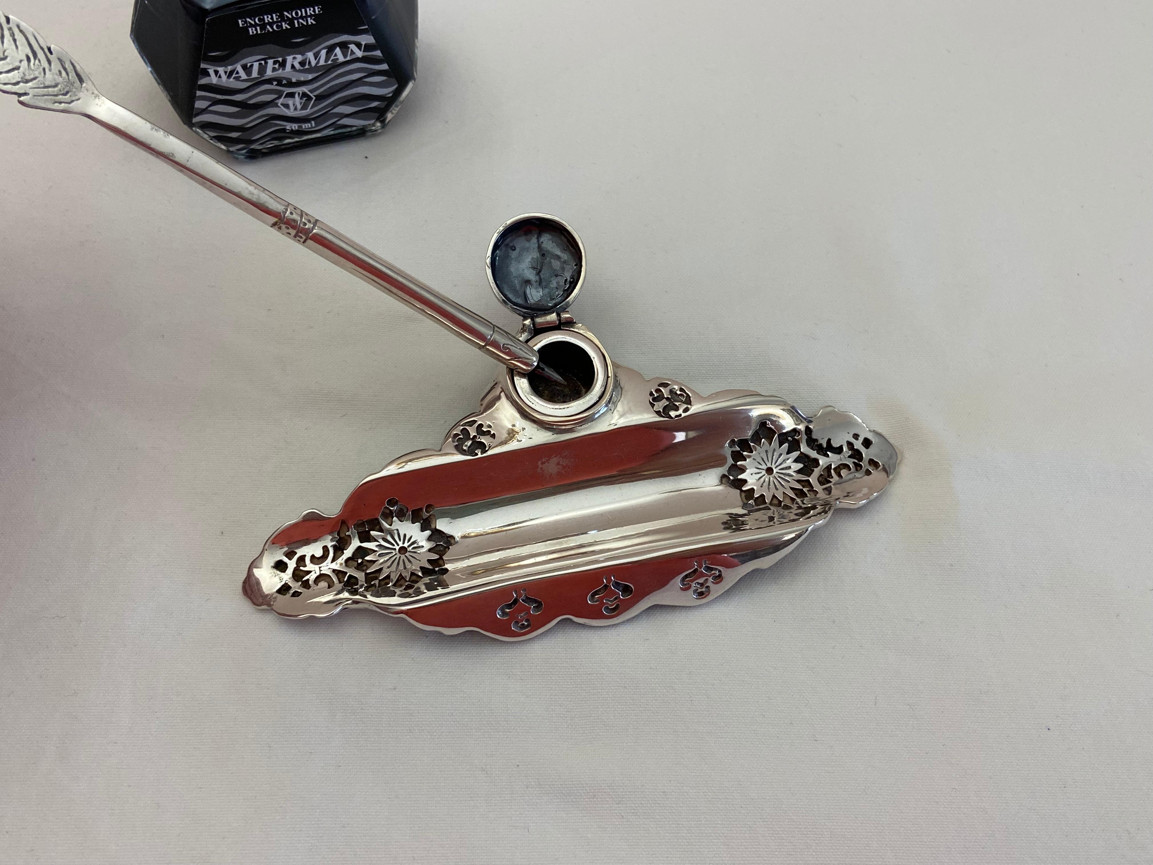 Women's or Men's Inkwell and Fountain Pen, 800 Silver For Sale