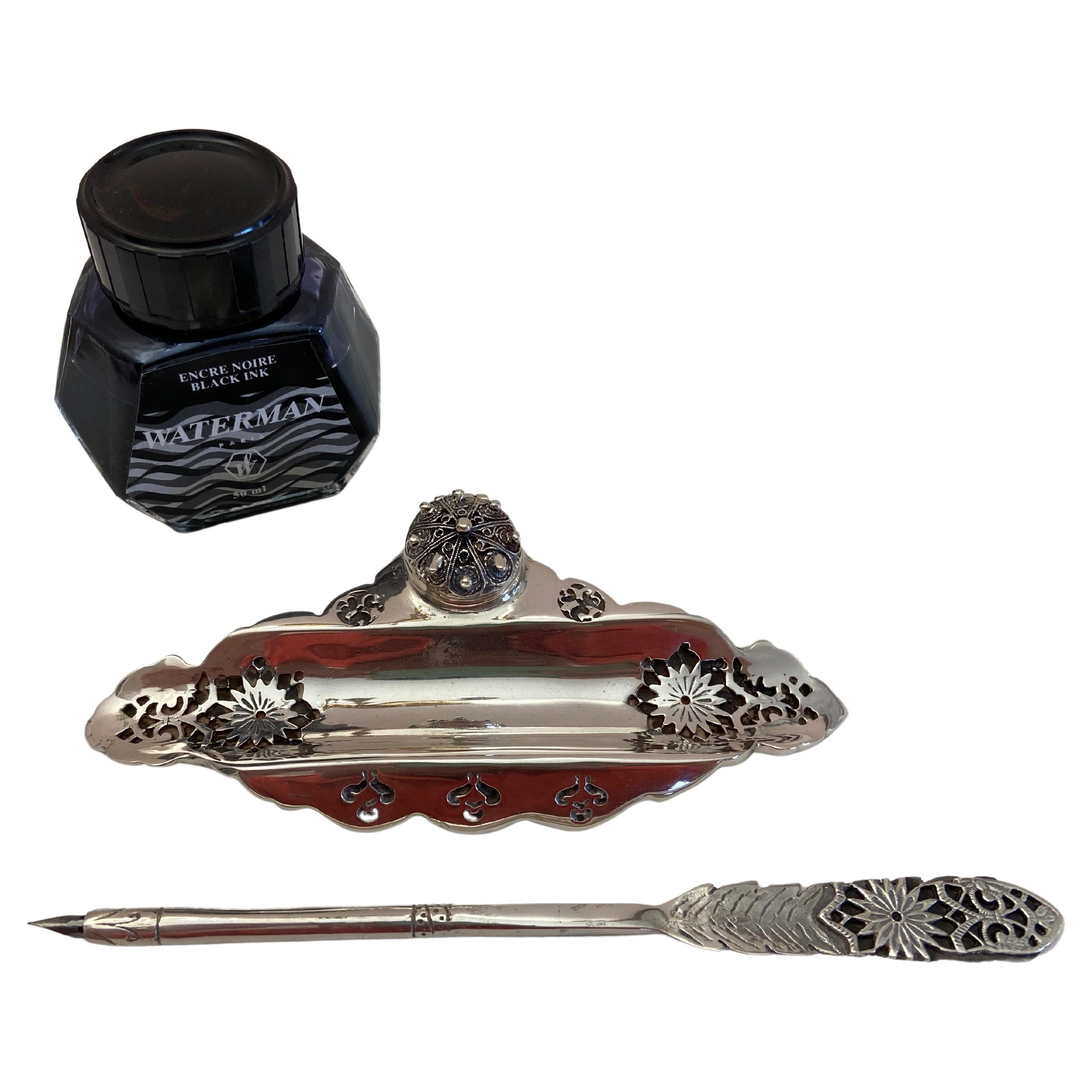 Inkwell and Fountain Pen, 800 Silver For Sale