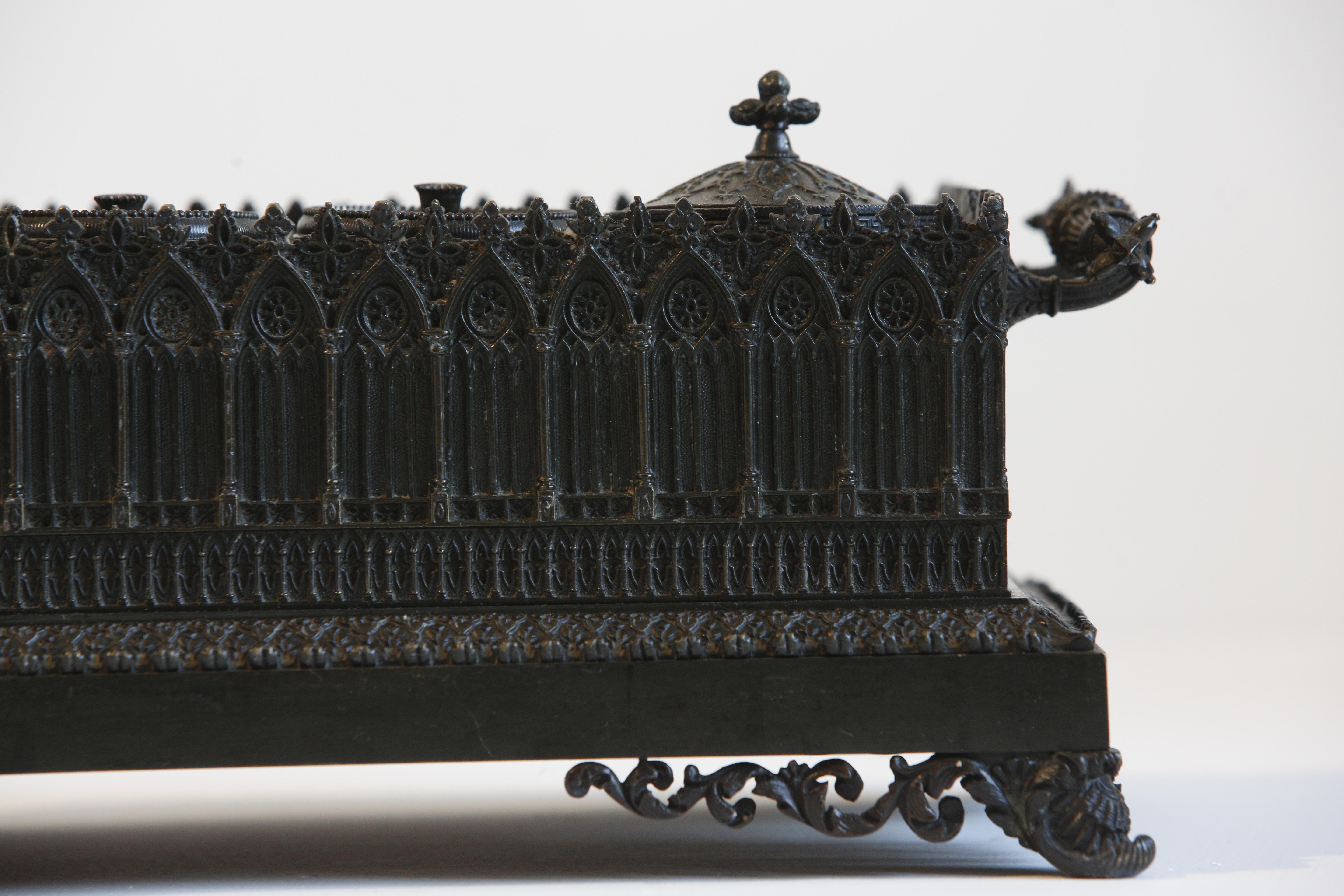 Inkwell Charles X French Gothic in Patinated Bronze, 19th Century For Sale 1