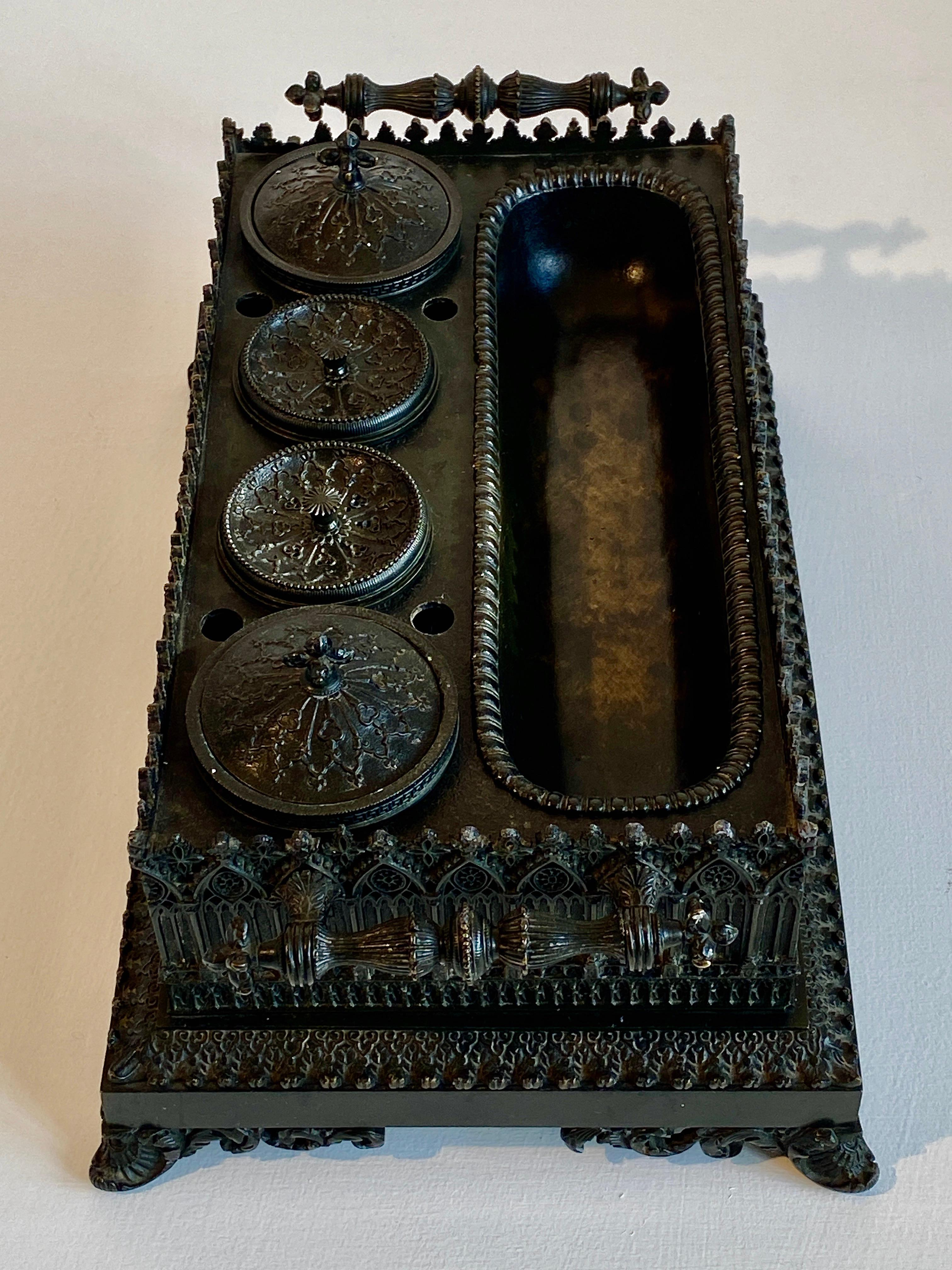 Inkwell Charles X French Gothic in Patinated Bronze, 19th Century For Sale 4