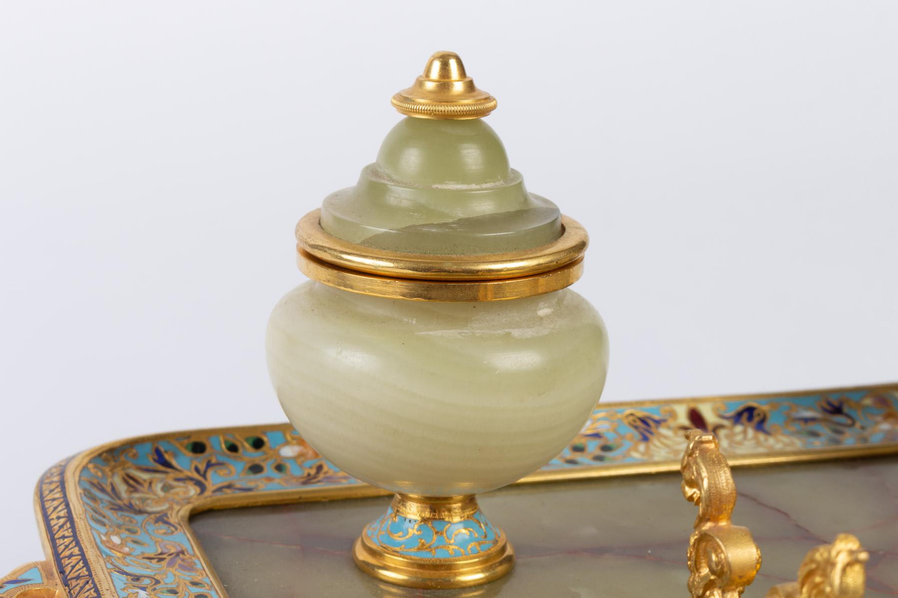 Napoleon III Inkwell in Gilded and Cloisonné Bronze and Onyx