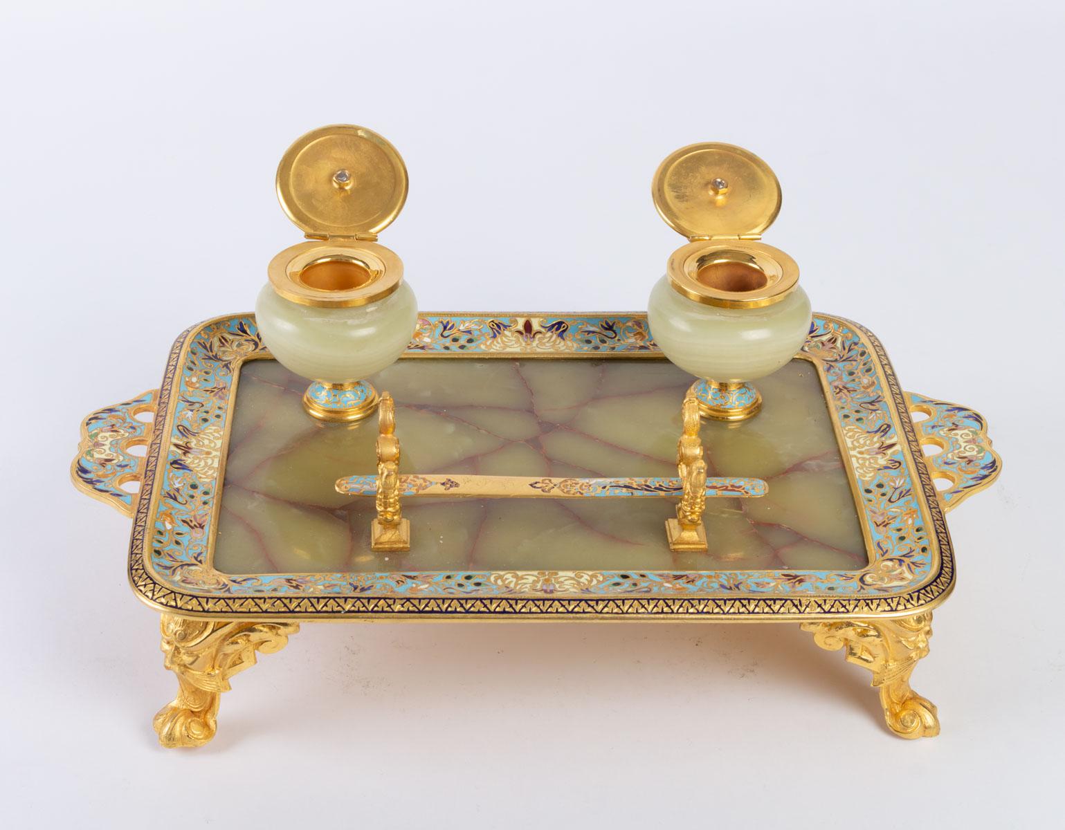 Late 19th Century Inkwell in Gilded and Cloisonné Bronze and Onyx