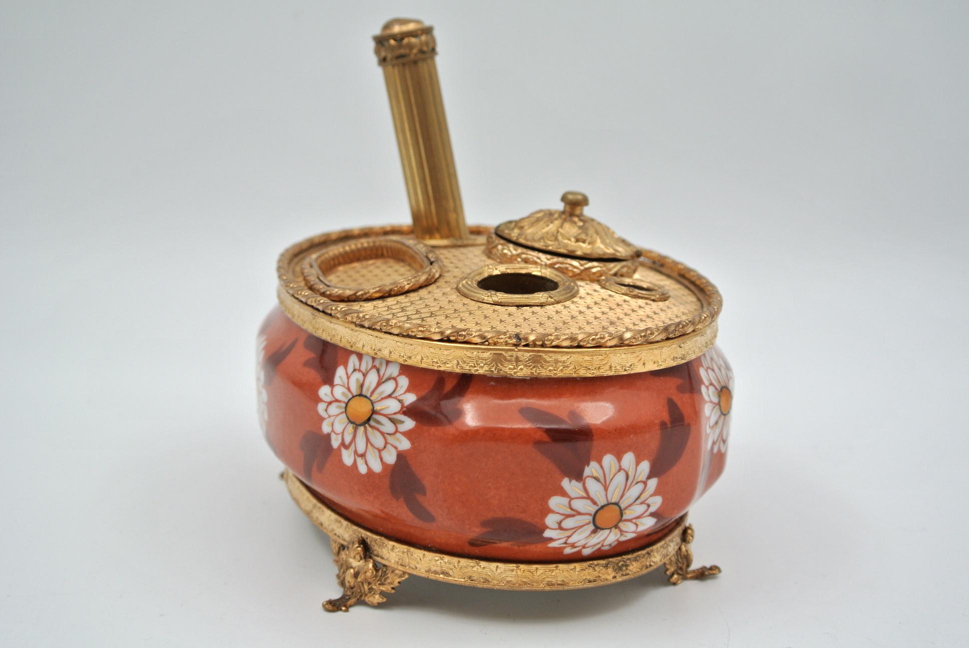 Napoleon III Inkwell in Gilded Brass and Hand Painted Limoges Porcelain