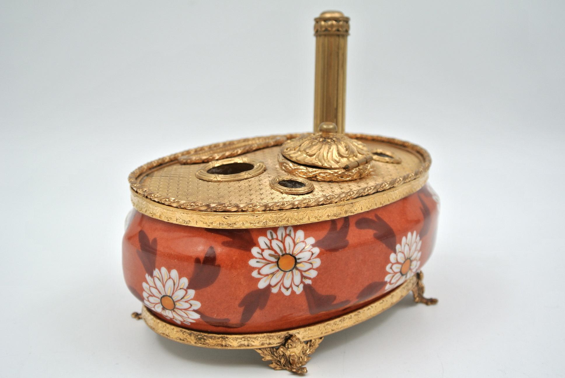 French Inkwell in Gilded Brass and Hand Painted Limoges Porcelain
